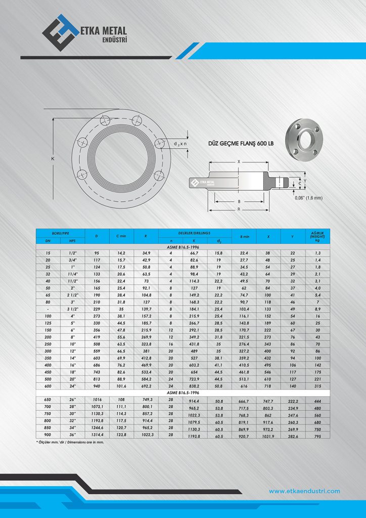 600 libre slip on flanş ölçüleri