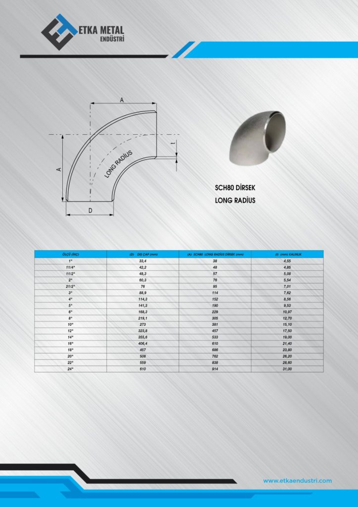  SCH 80 dikişsiz dirsek ölçüleri